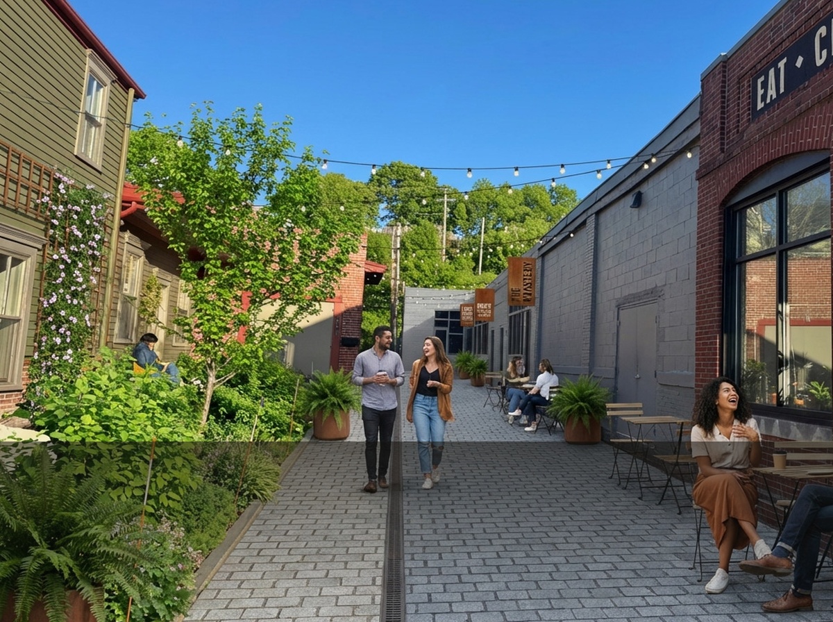 Architectural rendering of the pedestrian alley at 123 Washington Ave, Portland, Maine