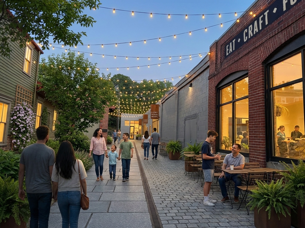 Evening rendering of the alley passage at 123 Washington Ave showing pedestrian-oriented storefront activity