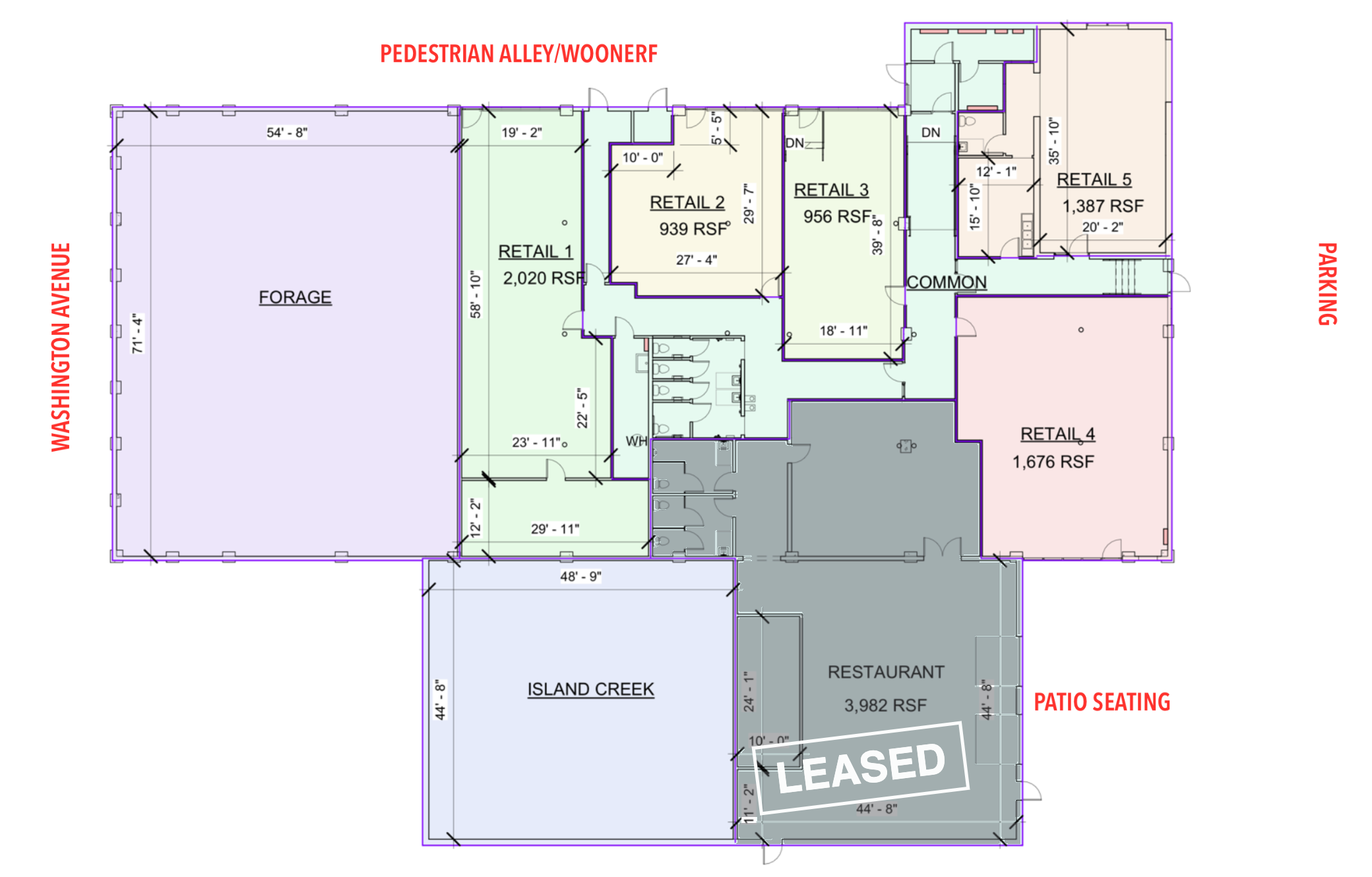 Leasing plan for 123 Washington Ave showing five available retail spaces and one leased restaurant space