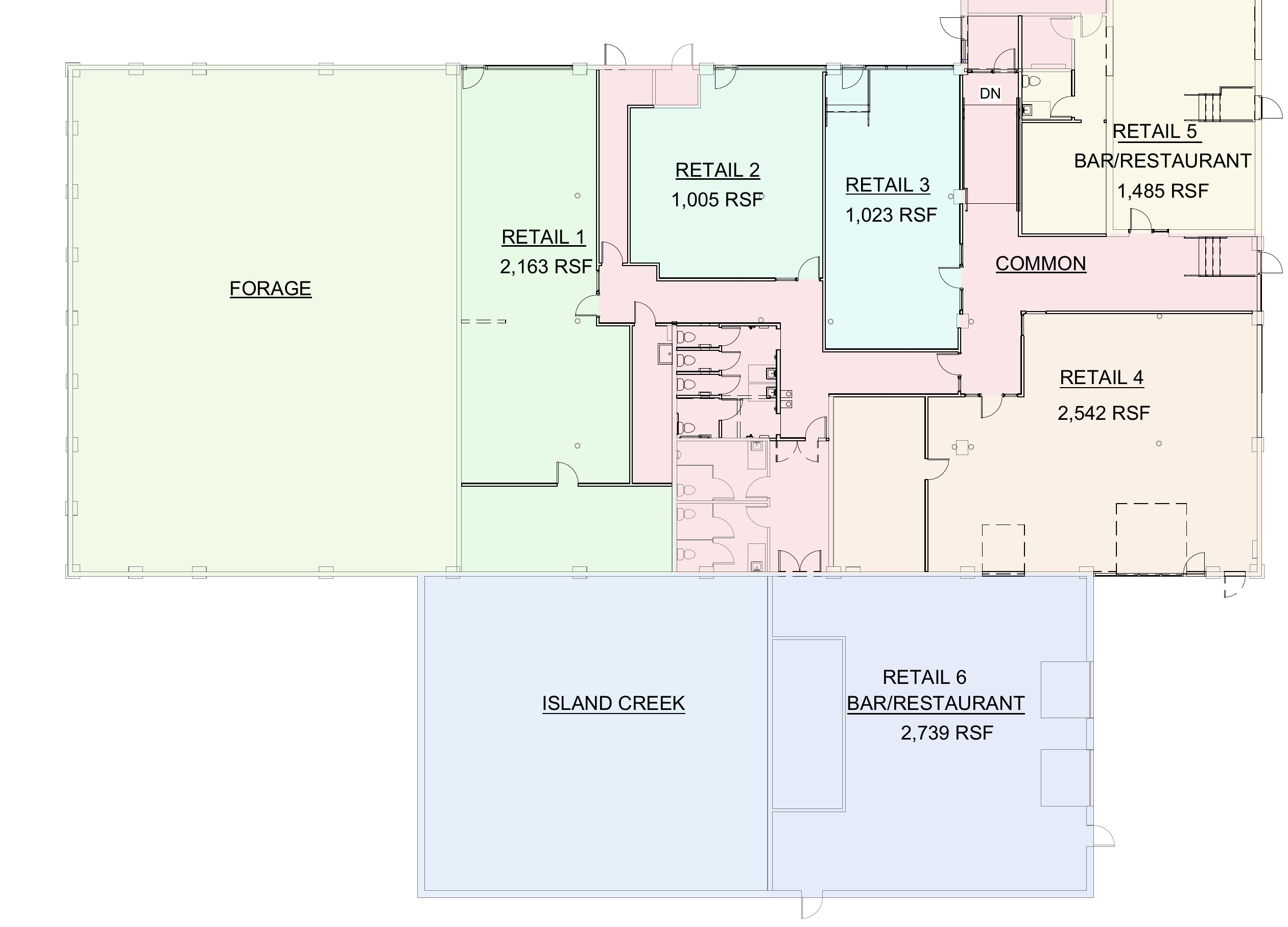 Leasing plan for 123 Washington Ave showing six available retail and restaurant spaces
