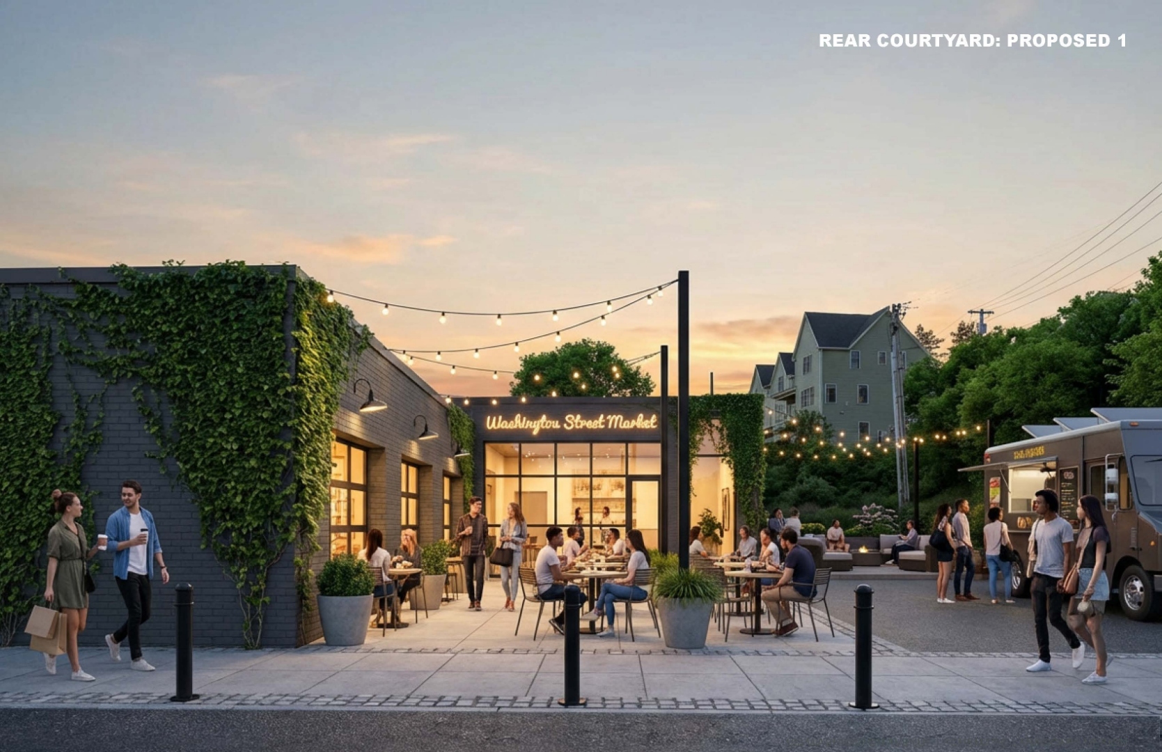 Rendering showing the proposed courtyard and pedestrian-oriented redevelopment at 123 Washington Ave
